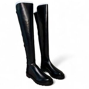 Stuart Weitzman 5050 Lift Over the Knee Flat Leather Boots Black, NEW IN BOX - 7